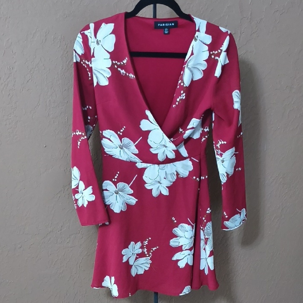 Parisian Women's Red and White Floral Faux Wrap Long Sleeve Skater Dress Size 4